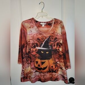 Christopher & Banks Halloween Top Black Cat JOL 3/4 Sleeves Womens Size L